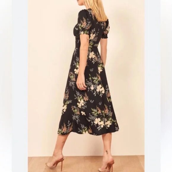 Reformation Lacey Floral Midi Black Floral Slit Dress - Picture 3 of 8
